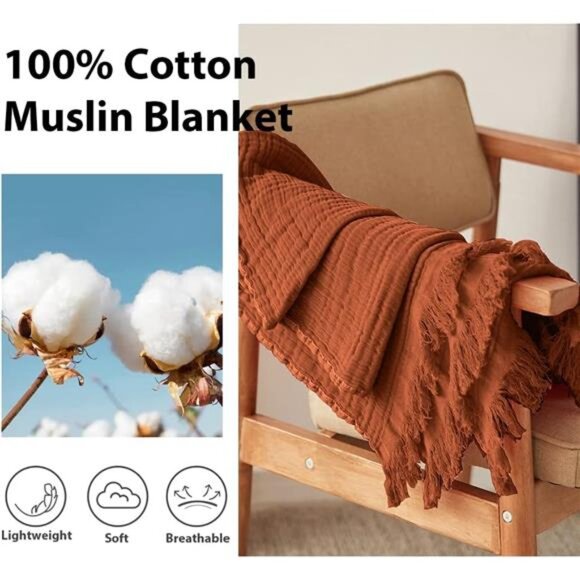 Cotton Throw Blanket Soft Lightweight Cozy Gauze Knit Woven Tassel Farmhouse Bed - Picture 3 of 8